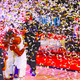Lebron James embraces Rajon Rondo after Lakers win championship last night, James’ fourth and Rando’s second.